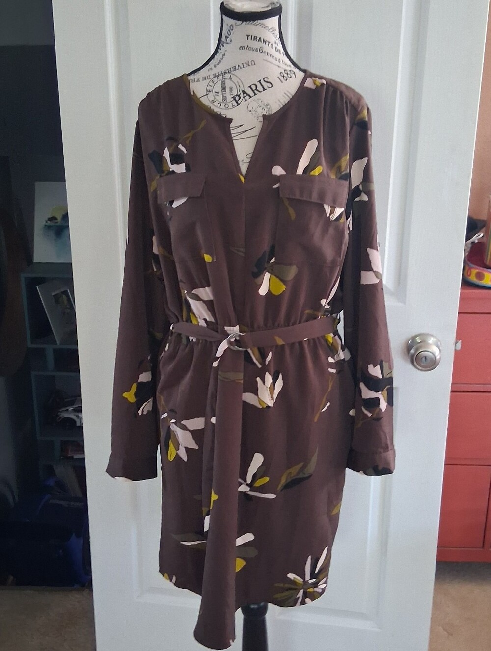 Mossimo Brown Floral Utility Shirt Midi Dress With 4 Pockets XL
